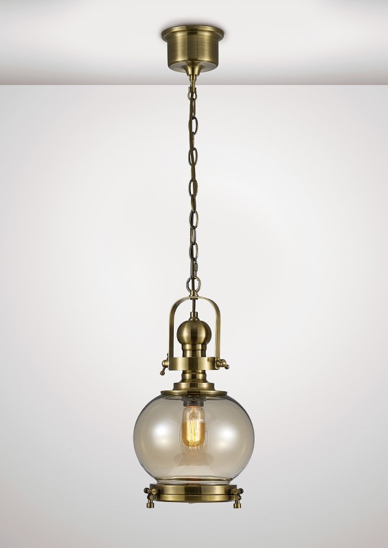 Single Small Ball Pendant 1 Light Antique Brass/Cognac Glass